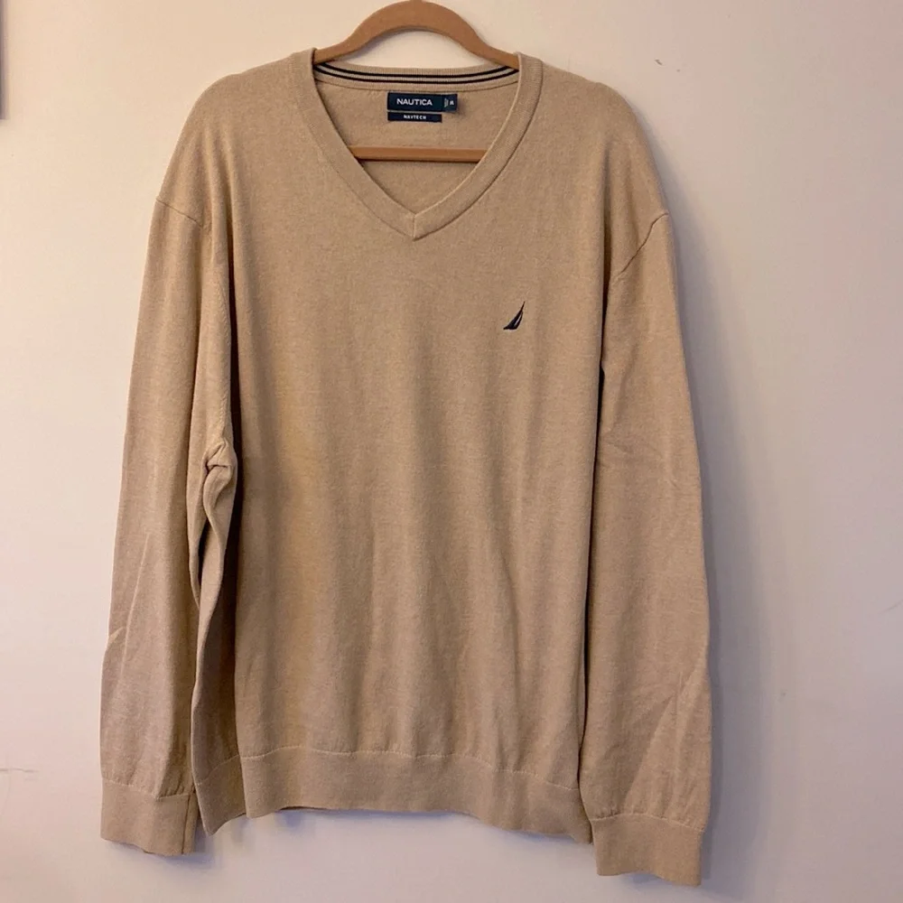 NAUTICA NAVTECH men’s Ribbed V-neck long sleeve tan sweater cotton blend XXL 🌞 - Picture 3 of 12